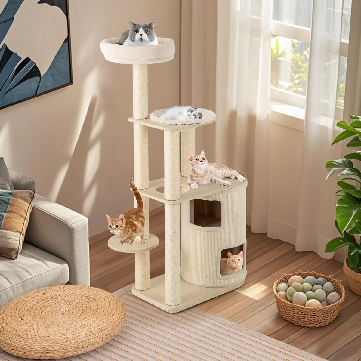 Albero per gatti 151 cm con condo a 2 piani, Torre multi - livello con accessori per gatti da interno-Alberi Tiragraffi