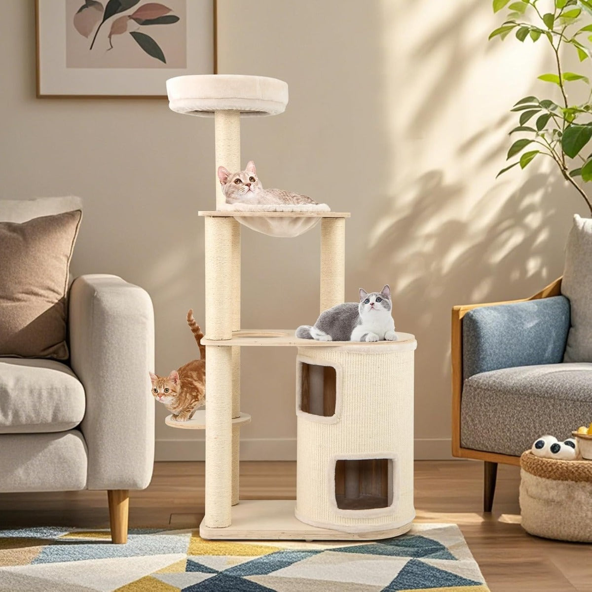 Albero per gatti 151 cm con condo a 2 piani, Torre multi - livello con accessori per gatti da interno-Alberi Tiragraffi