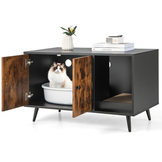 Mobile nascondi lettiera per gatti con scomparto a doppia anta vano aperto e tiragraffi, Casetta per gatti 90x50x54cm-Lettini e divanetti