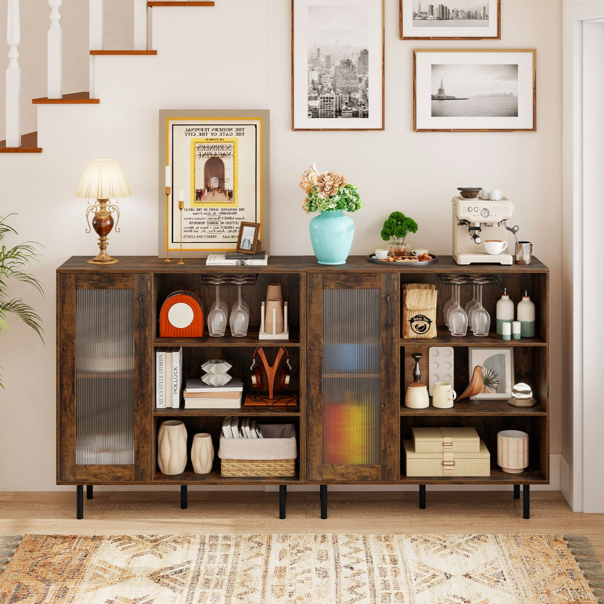 Credenza con porta ripiano regolabile e portabicchieri da vino-Mobile per caff¨¨ sala da pranzo e soggiorno Marrone