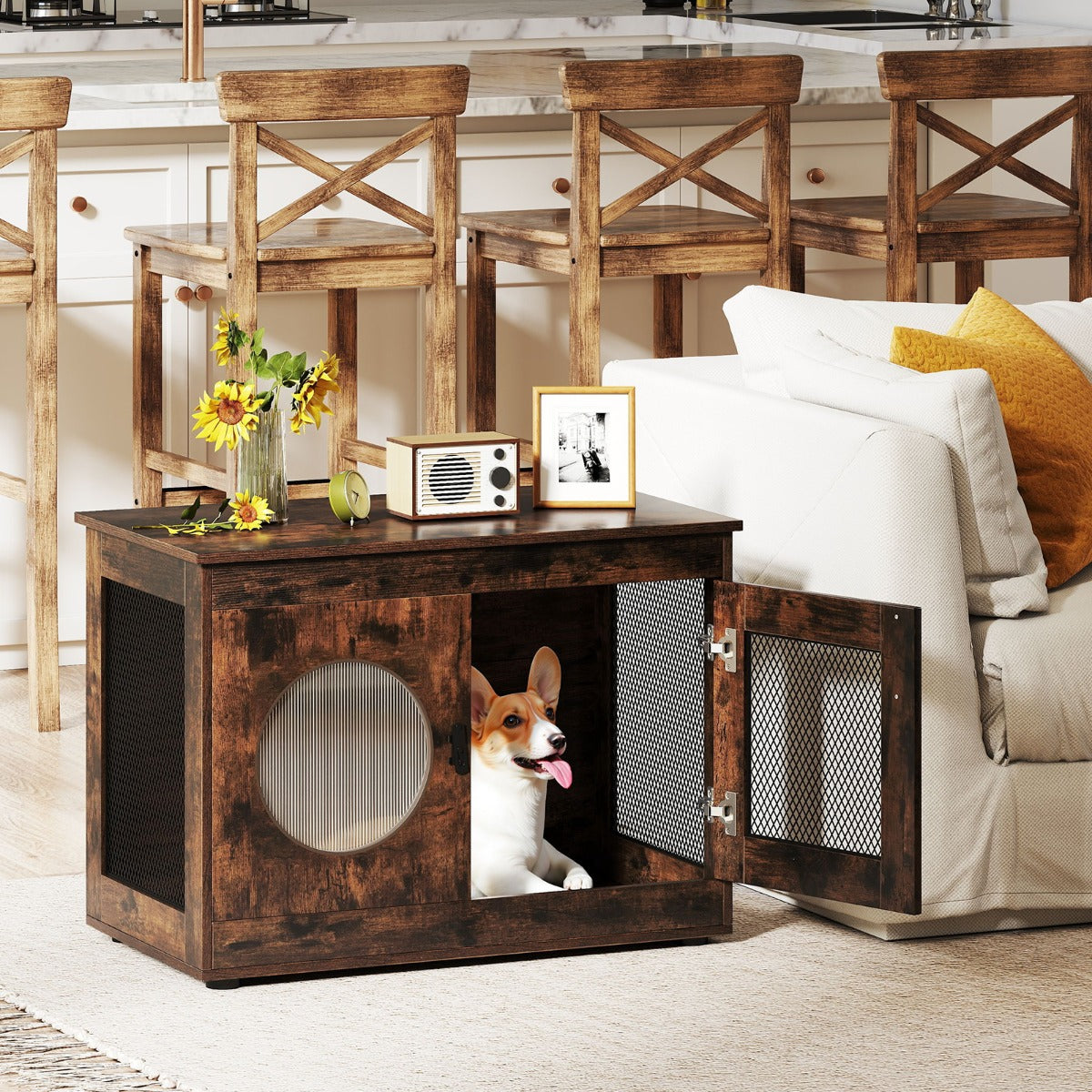 Gabbia per animali resistente ai morsi in metallo robusto per cani piccoli e medi, Mobile per cani cassetta per cuccioli in legno -Casette e lettini