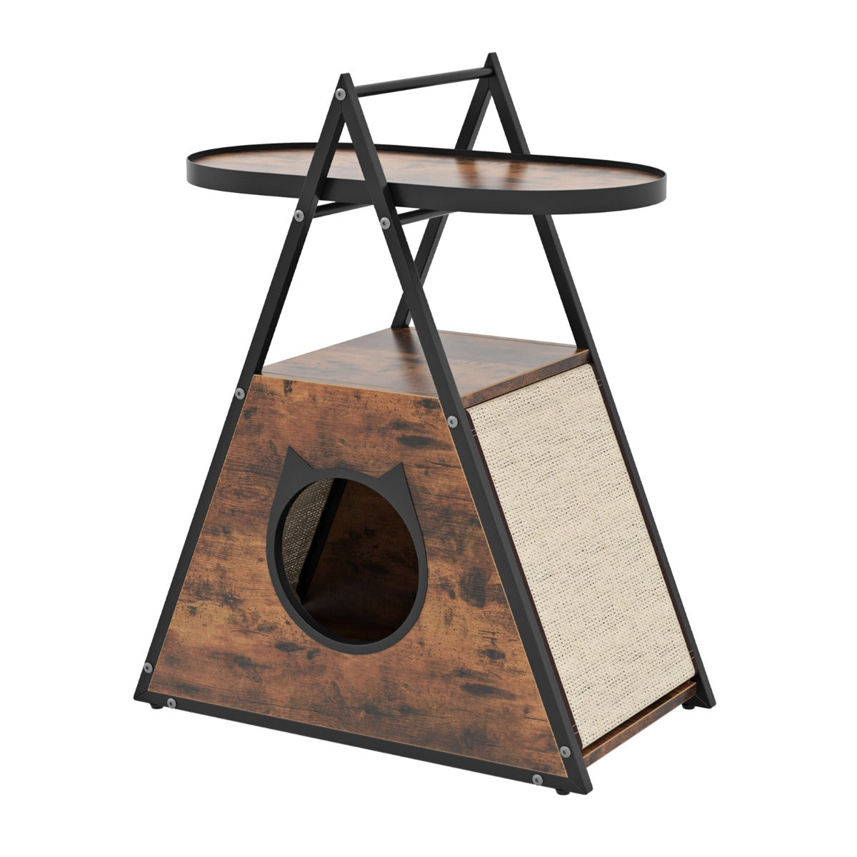 Mobile per gatti con ripiano aperto a 2 livelli, Condo nascosto con tavolino in legno per animali domestici Marrone-Lettini e divanetti