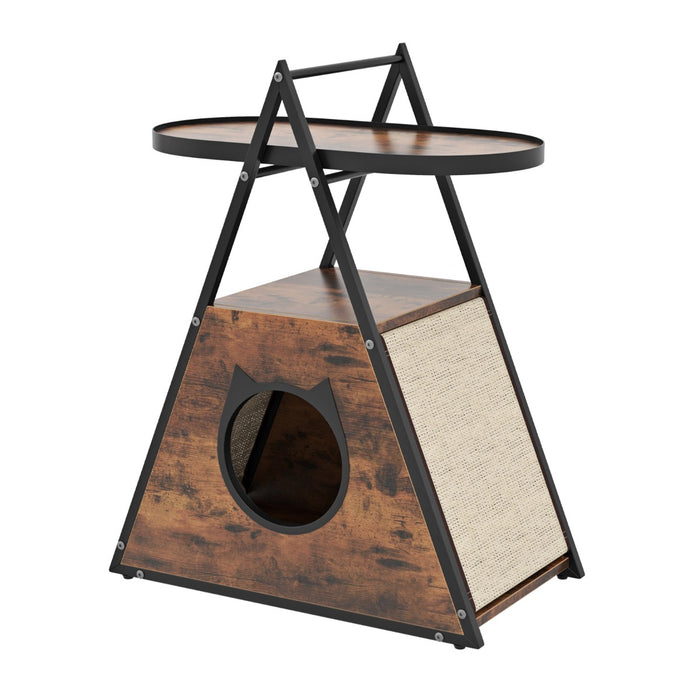 Mobile per gatti con ripiano aperto a 2 livelli, Condo nascosto con tavolino in legno per animali domestici Marrone-Lettini e divanetti