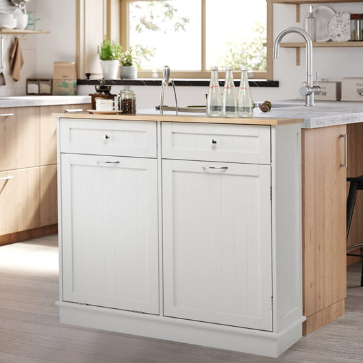 Mobile per pattumiera da cucina e carello 2 porte bianco, Mobile pattumiera cucina legno e carello contenitore su ruote-Organizzazione della cucina