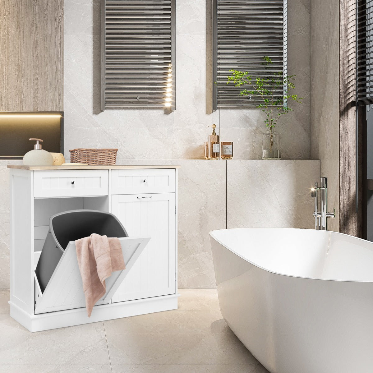 Mobile per pattumiera da cucina e carello 2 porte bianco, Mobile pattumiera cucina legno e carello contenitore su ruote-Organizzazione della cucina