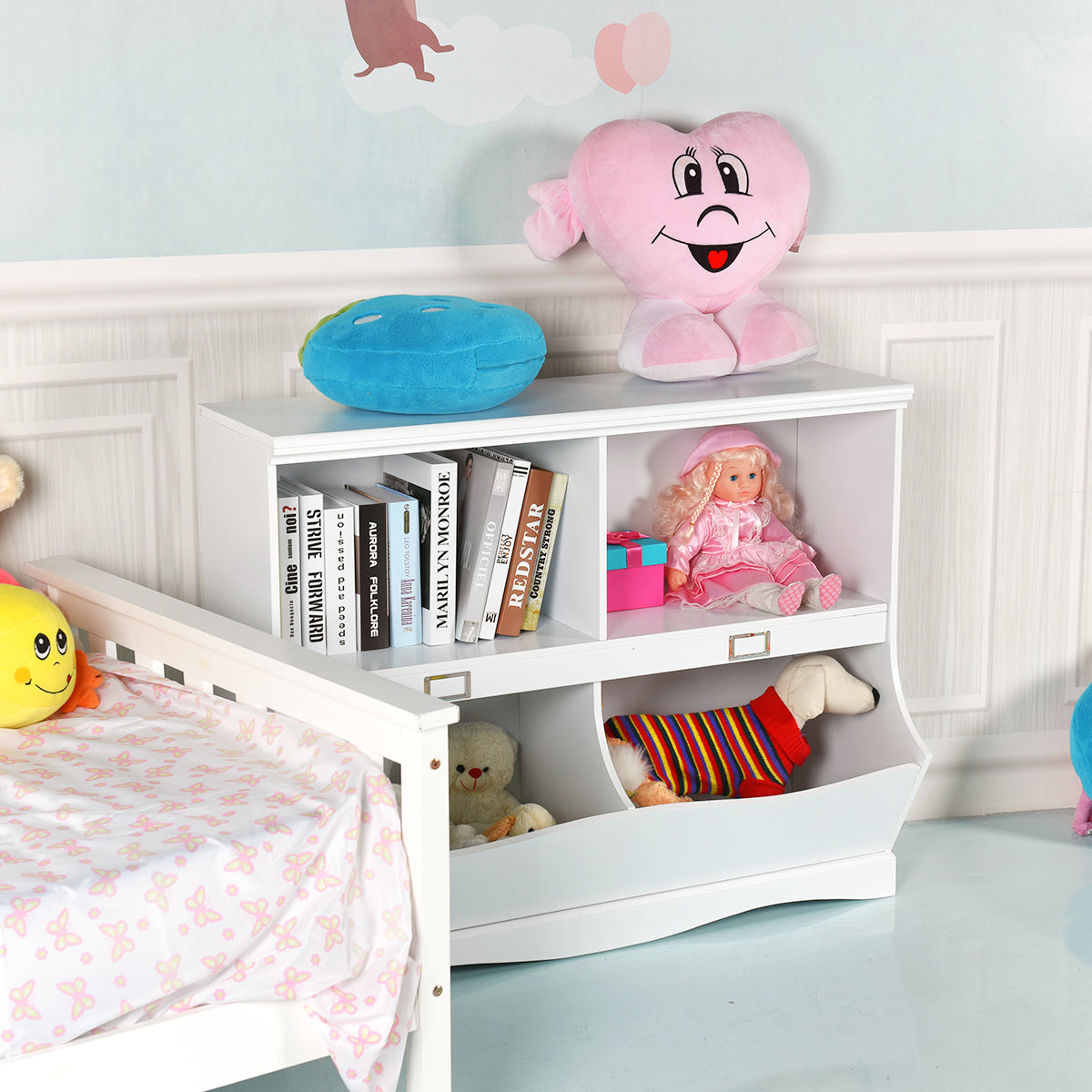 Mobile porta giocattoli con 2 vani e 2 contenitori, Organizer giochi per bambini in legno 105x39,5x83,5cm Bianco-Scaffalature