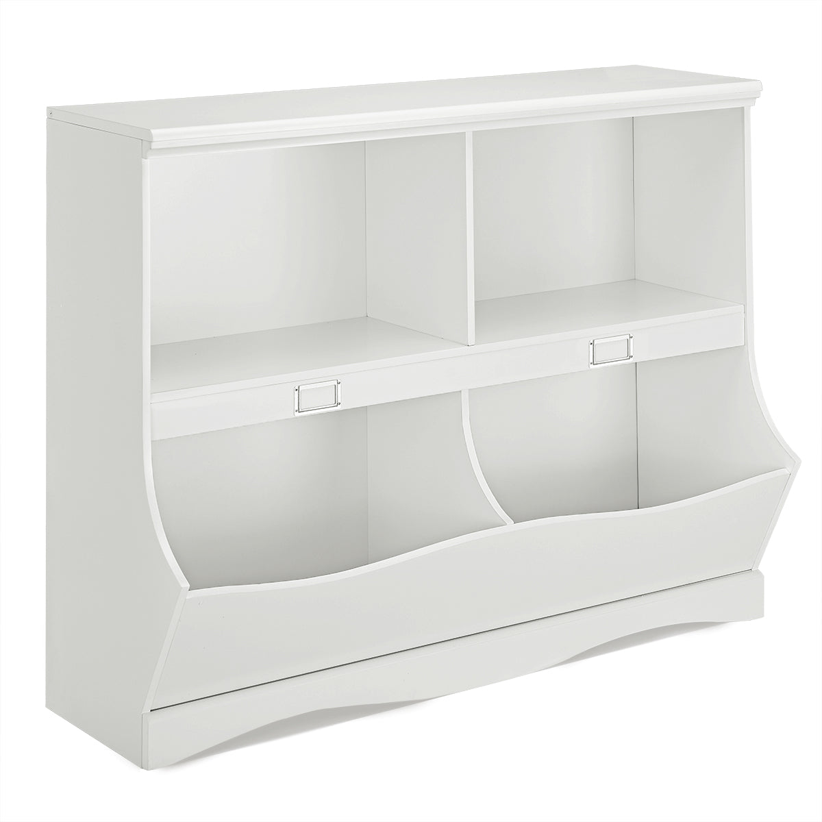 Mobile porta giocattoli con 2 vani e 2 contenitori, Organizer giochi per bambini in legno 105x39,5x83,5cm Bianco-Scaffalature