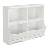 Mobile porta giocattoli con 2 vani e 2 contenitori, Organizer giochi per bambini in legno 105x39,5x83,5cm Bianco-Scaffalature