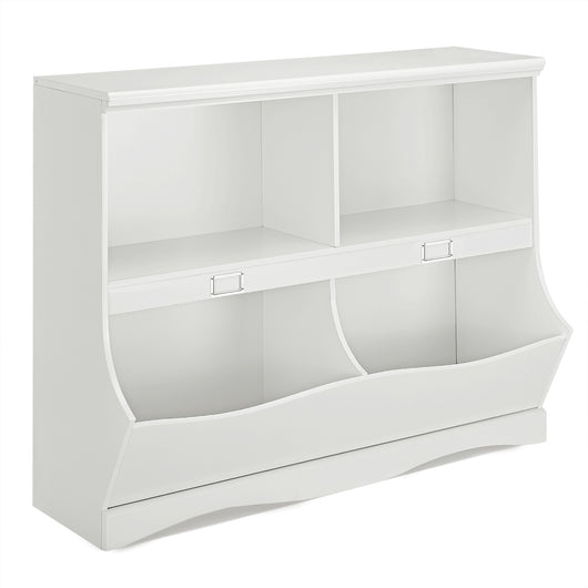 Mobile porta giocattoli con 2 vani e 2 contenitori, Organizer giochi per bambini in legno 105x39,5x83,5cm Bianco-Scaffalature