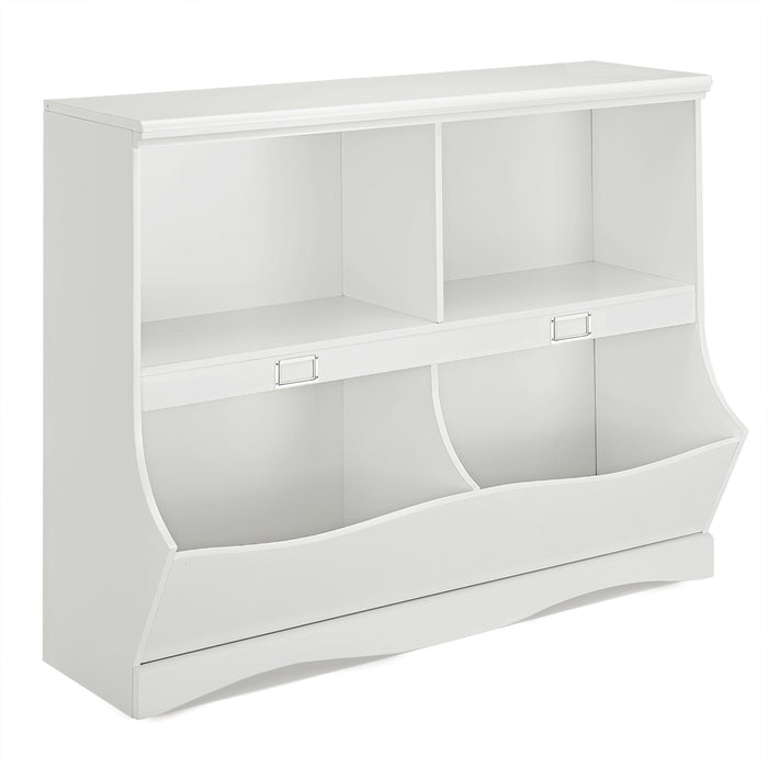 Mobile porta giocattoli con 2 vani e 2 contenitori, Organizer giochi per bambini in legno 105x39,5x83,5cm Bianco-Scaffalature