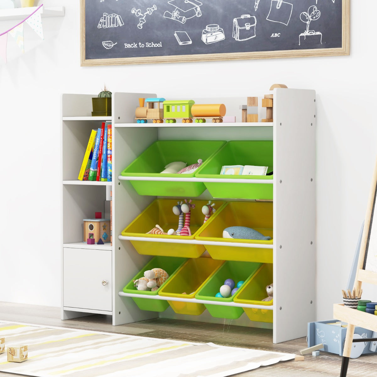Mobile porta giochi per bambini con 8 contenitori 1 anta-Libreria e scaffale per giocattoli a 4 livelli Bianco