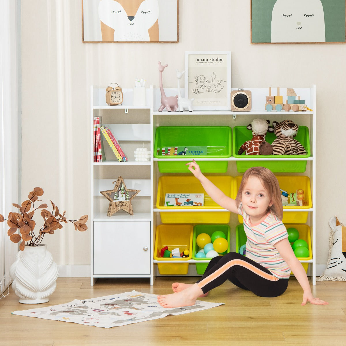 Mobile porta giochi per bambini con 8 contenitori 1 anta-Libreria e scaffale per giocattoli a 4 livelli Bianco