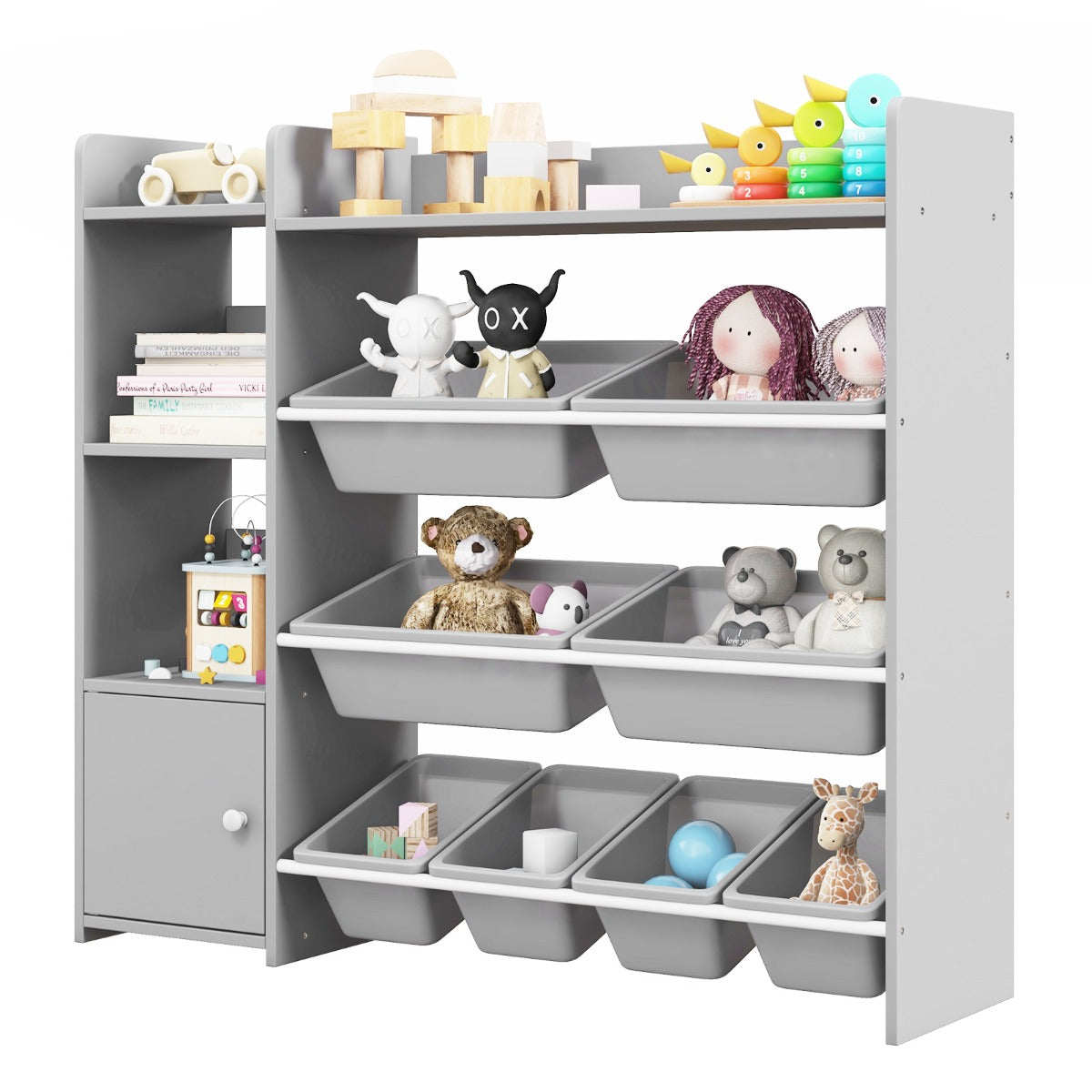 Mobile porta giochi per bambini con 8 contenitori 1 anta, Libreria e scaffale per giocattoli a 4 livelli Grigio-Scaffalature