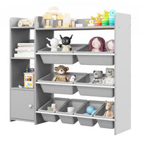 Mobile porta giochi per bambini con 8 contenitori 1 anta, Libreria e scaffale per giocattoli a 4 livelli Grigio-Scaffalature