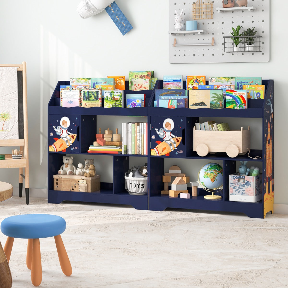 Mobile portagiochi per bambini con libreriaporta giocattoli e scomparti-Scaffale 3-in-1 per giocattoli Blu scuro