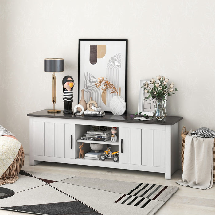 Mobile TV da 145cm con 2 ante ripiani aperti 2 fori passacavi-Tavolino TV in legno per soggiorno Grigio Scuro