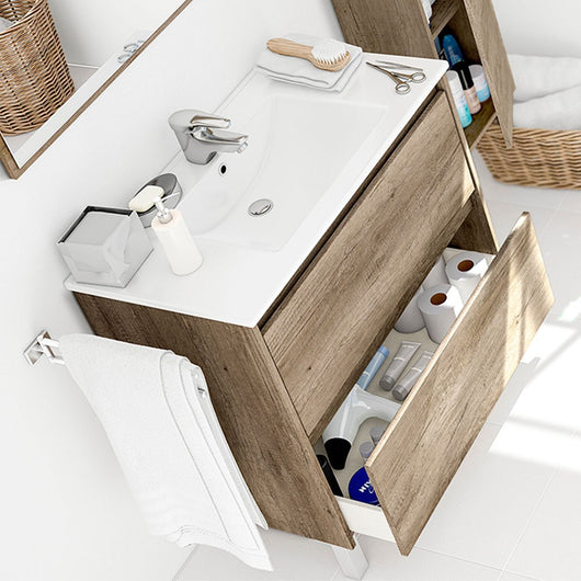 Mobiletto bagno a terra 80 cm 2 cassetti serie Oasi rovere con specchio e lavabo