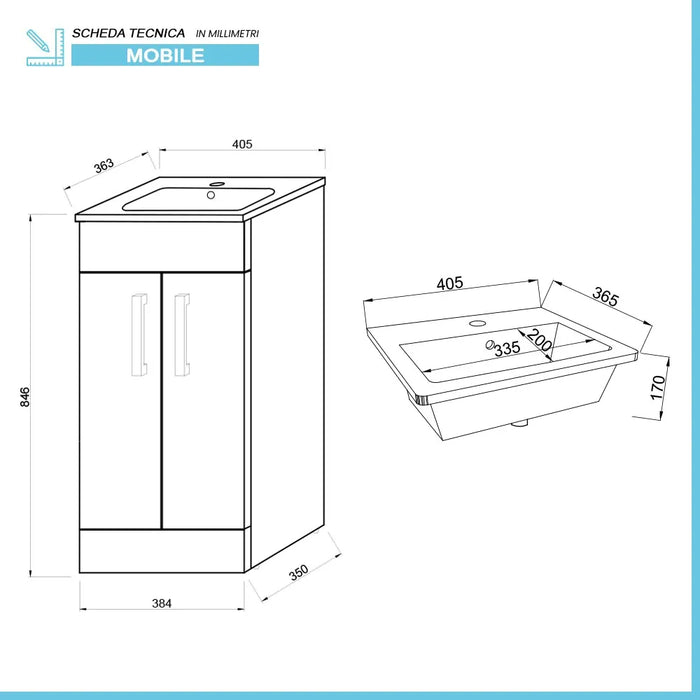 Mobiletto bagno da terra 40 cm salvaspazio grigio 2 ante Poket