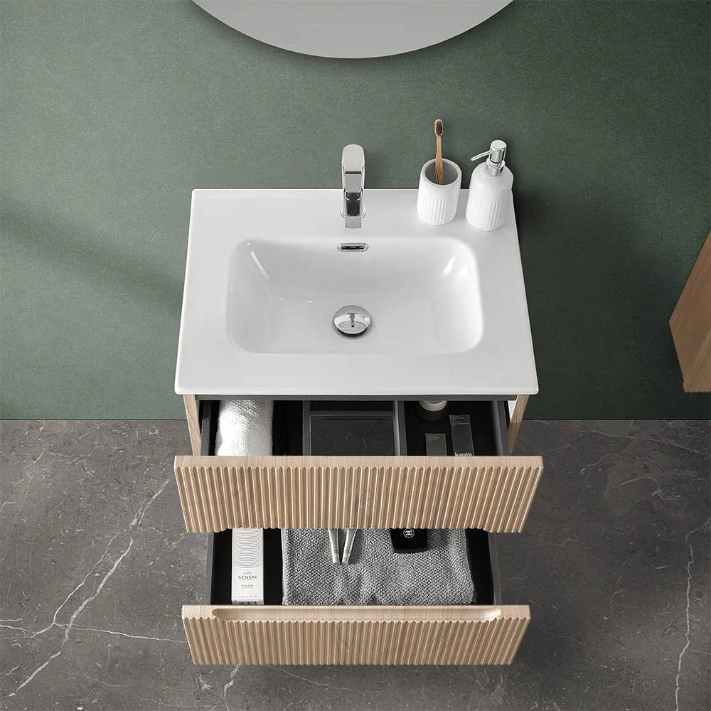 Mobiletto bagno sospeso cannettato 60 cm teak sabbiato con specchio  Bali