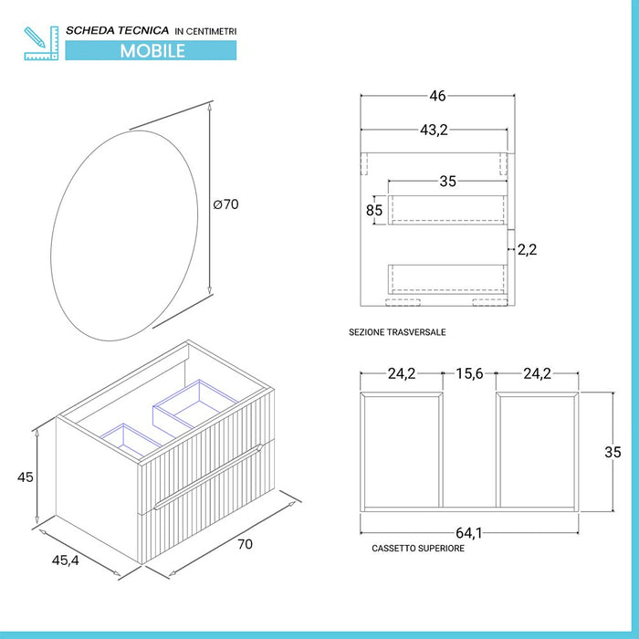 Mobiletto bagno sospeso cannettato 70 cm bianco opaco con top  Bali