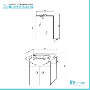 Mobiletto da bagno sospeso 55 cm rovere bianco con lavabo e specchio incluso