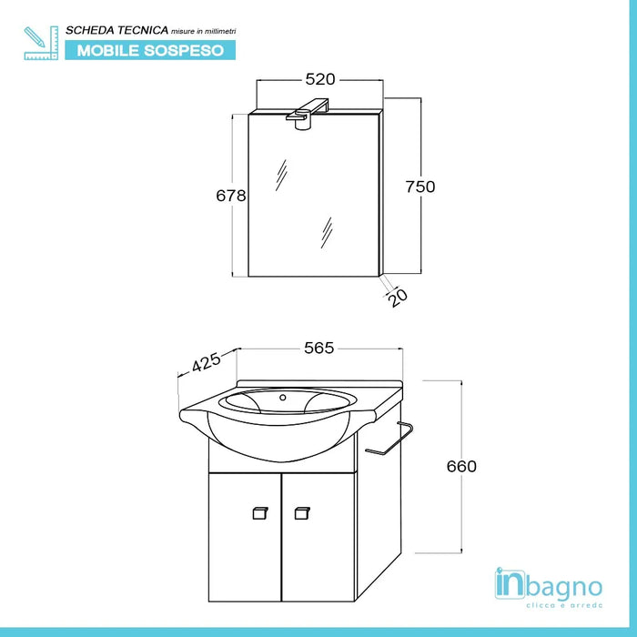 Mobiletto da bagno sospeso 55 cm rovere grigio con lavabo e specchio incluso
