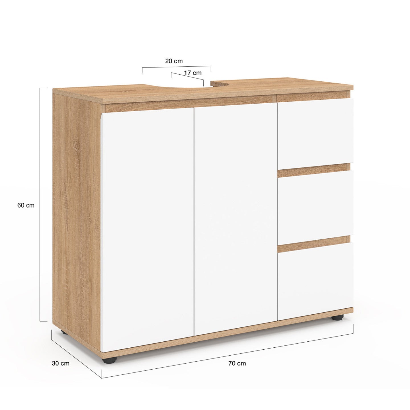 IDMarket - Mobiletto da bagno TOMI con armadio e 3 cassetti, finitura faggio e bianco