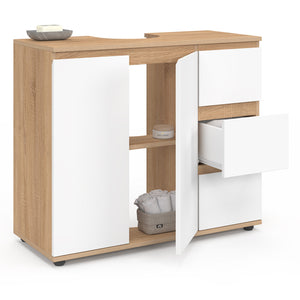 IDMarket - Mobiletto da bagno TOMI con armadio e 3 cassetti, finitura faggio e bianco