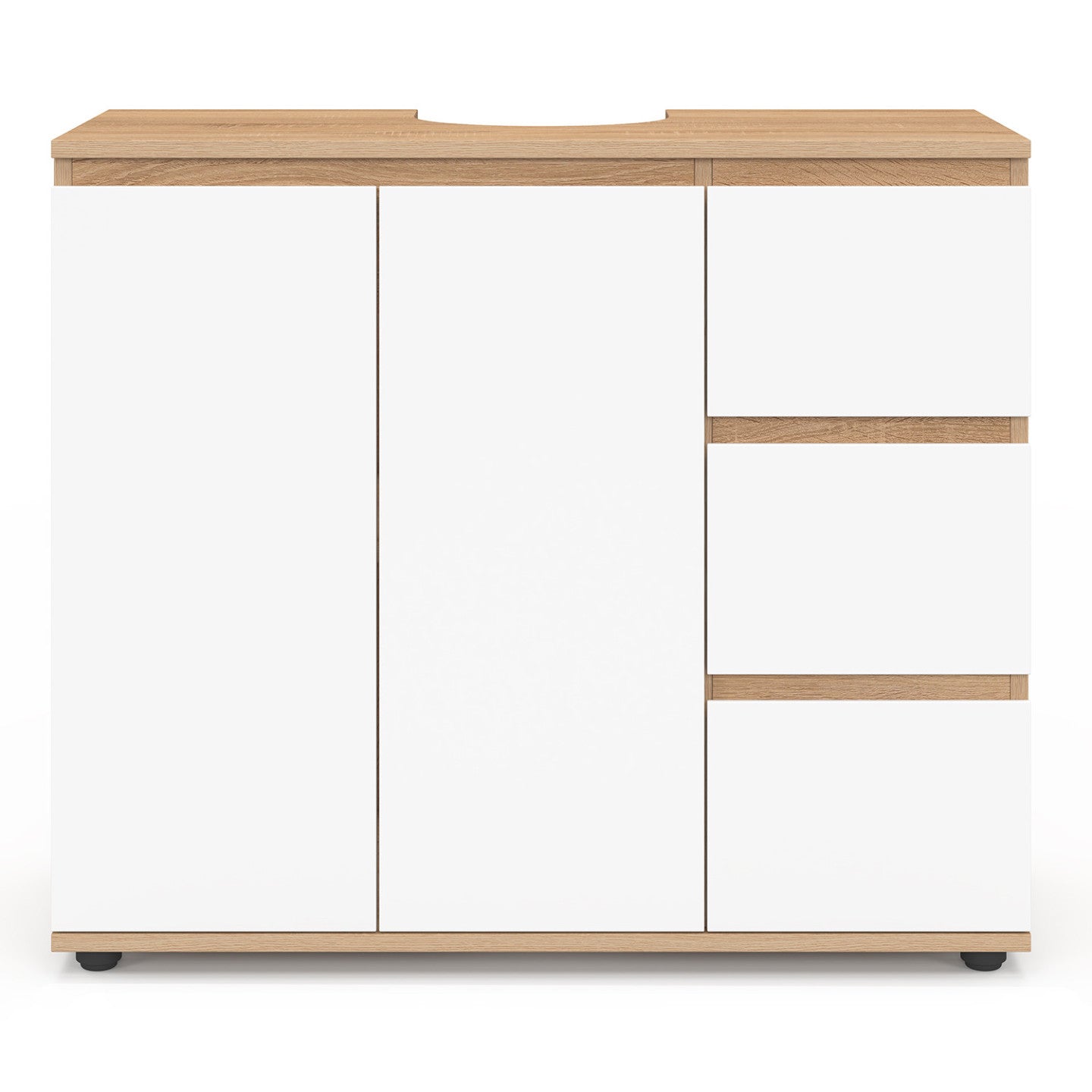 IDMarket - Mobiletto da bagno TOMI con armadio e 3 cassetti, finitura faggio e bianco