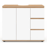 IDMarket - Mobiletto da bagno TOMI con armadio e 3 cassetti, finitura faggio e bianco