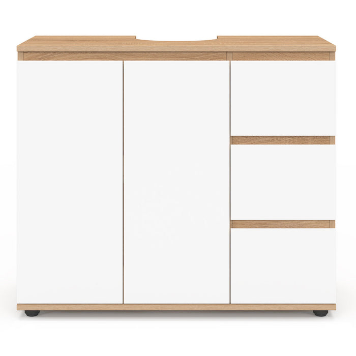 IDMarket - Mobiletto da bagno TOMI con armadio e 3 cassetti, finitura faggio e bianco