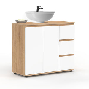 IDMarket - Mobiletto da bagno TOMI con armadio e 3 cassetti, finitura faggio e bianco