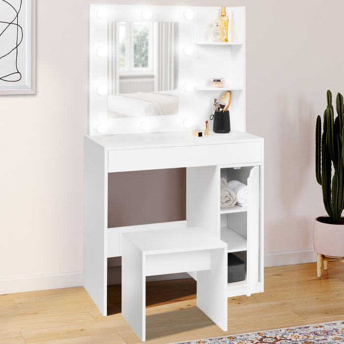 IDMarket - Mobiletto ZELIA con specchio LED, 1 cassetto, ripiani, contenitore e sgabello