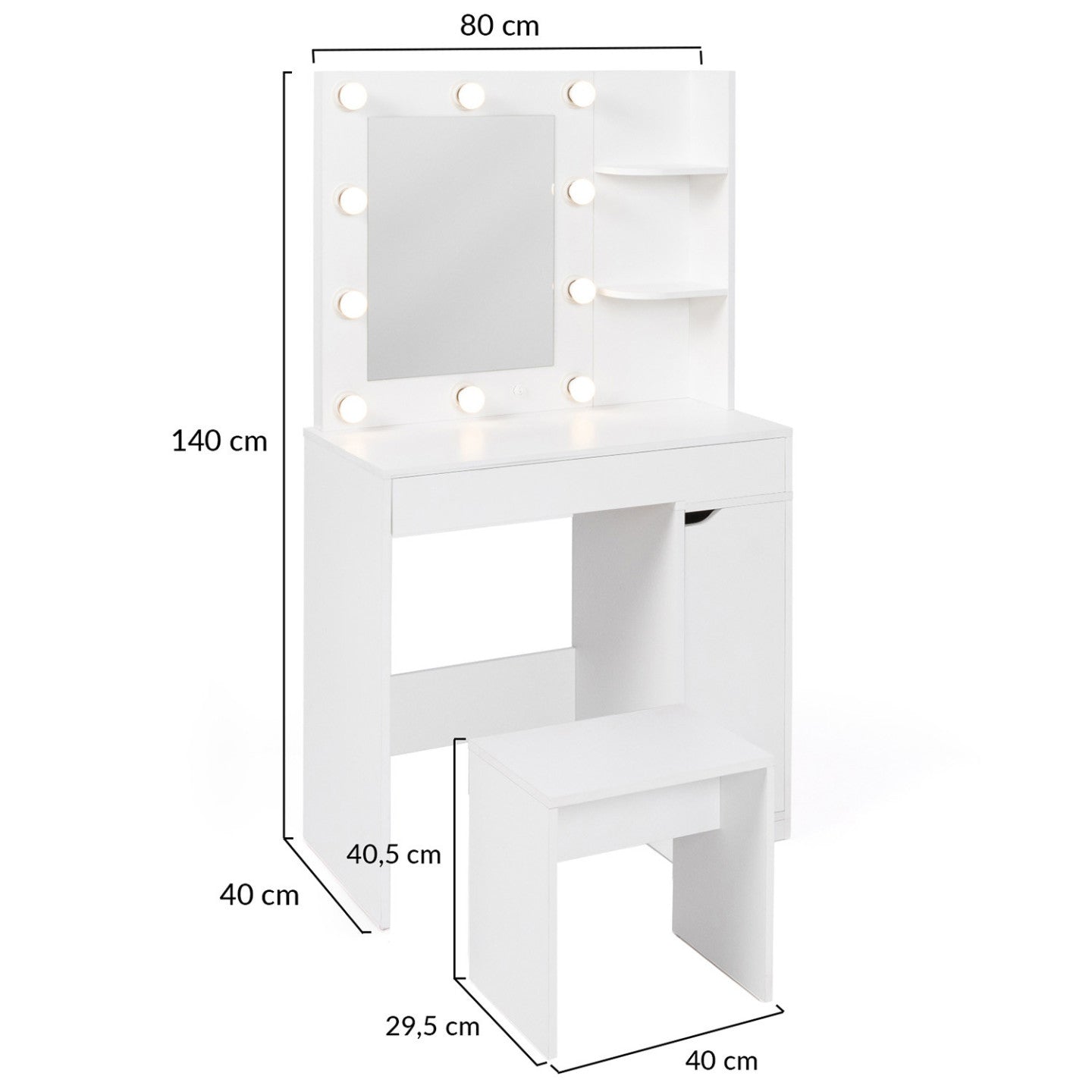 IDMarket - Mobiletto ZELIA con specchio LED, 1 cassetto, ripiani, contenitore e sgabello