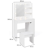 IDMarket - Mobiletto ZELIA con specchio LED, 1 cassetto, ripiani, contenitore e sgabello