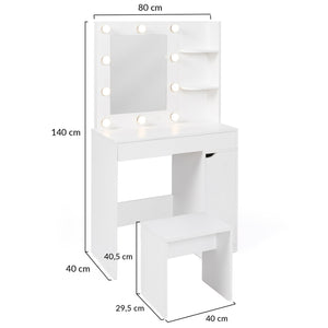 IDMarket - Mobiletto ZELIA con specchio LED, 1 cassetto, ripiani, contenitore e sgabello
