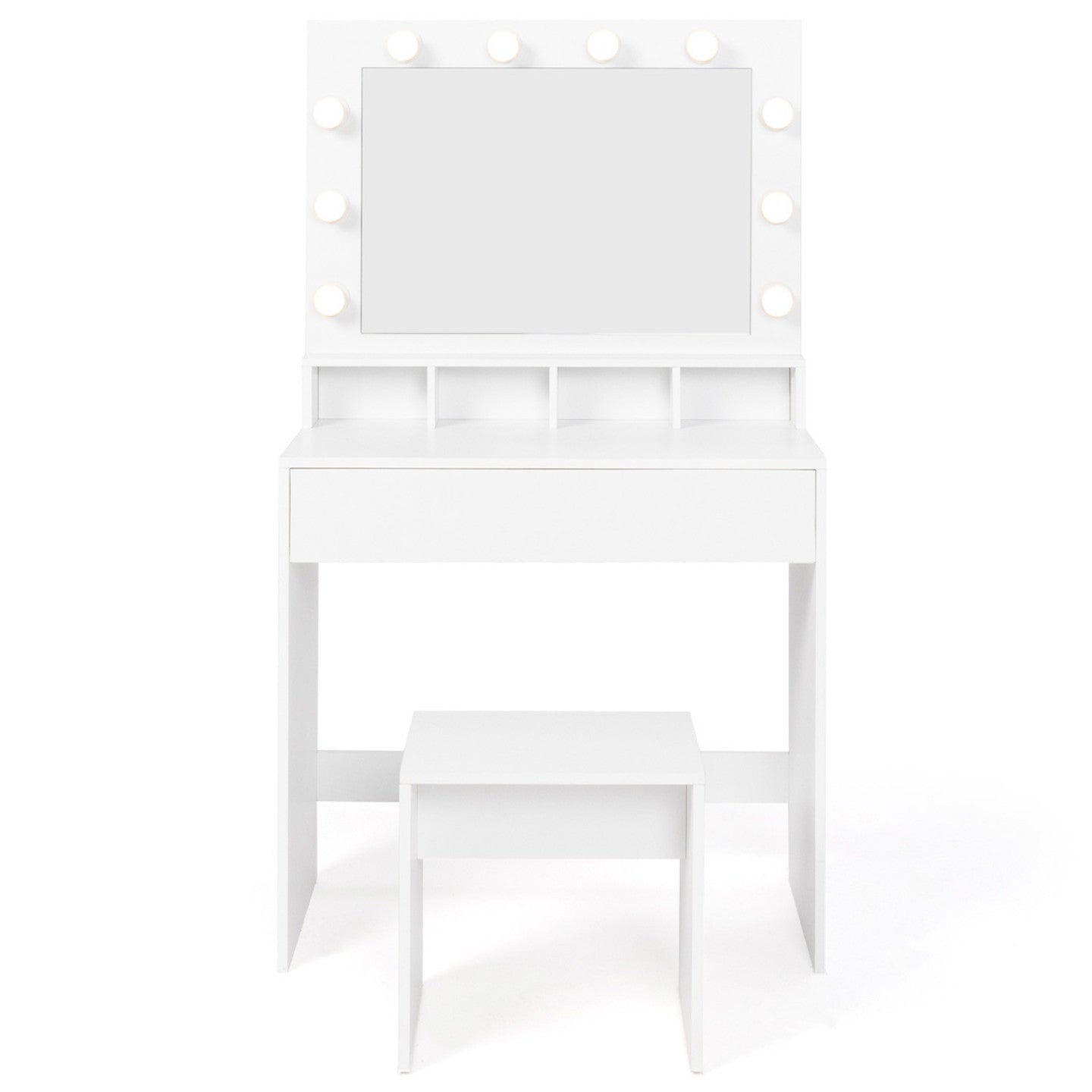 IDMarket - Mobiletto ZELIA con specchio LED, 4 nicchie, 1 cassetto e sgabello