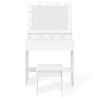 IDMarket - Mobiletto ZELIA con specchio LED, 4 nicchie, 1 cassetto e sgabello