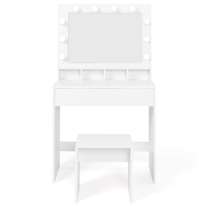 IDMarket - Mobiletto ZELIA con specchio LED, 4 nicchie, 1 cassetto e sgabello