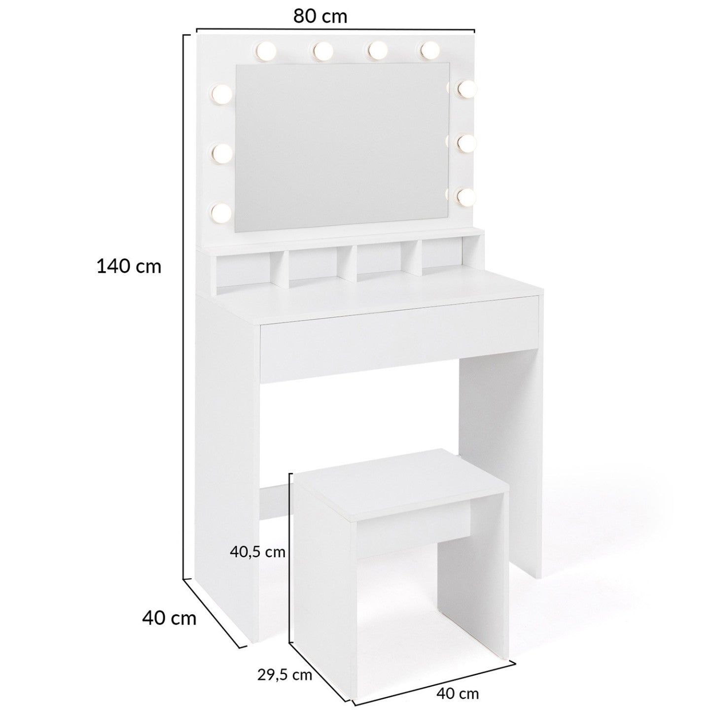 IDMarket - Mobiletto ZELIA con specchio LED, 4 nicchie, 1 cassetto e sgabello