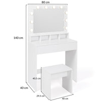 IDMarket - Mobiletto ZELIA con specchio LED, 4 nicchie, 1 cassetto e sgabello