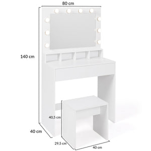 IDMarket - Mobiletto ZELIA con specchio LED, 4 nicchie, 1 cassetto e sgabello
