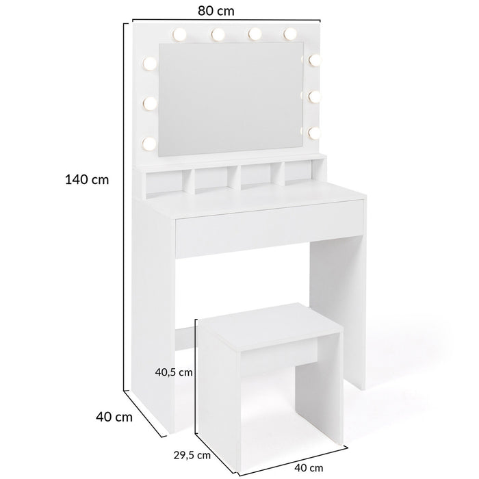 IDMarket - Mobiletto ZELIA con specchio LED, 4 nicchie, 1 cassetto e sgabello