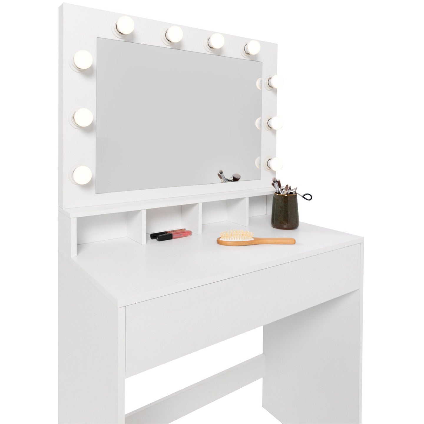 IDMarket - Mobiletto ZELIA con specchio LED, 4 nicchie, 1 cassetto e sgabello