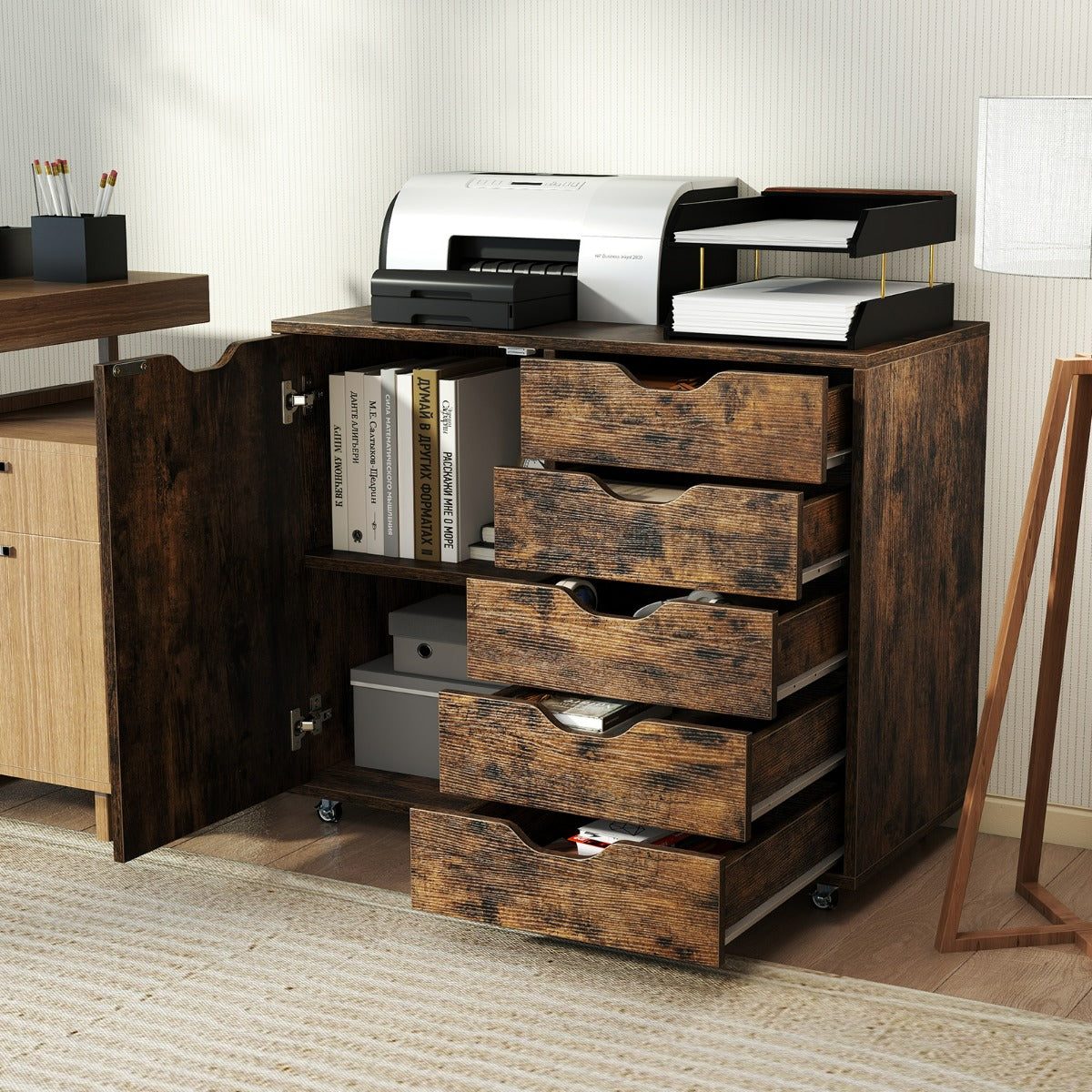 Mobiletto con 5 cassetti e anta per ufficio a casa, Carrello con ripiano regolabile e 5 rotelle Marrone-Armadi da ufficio