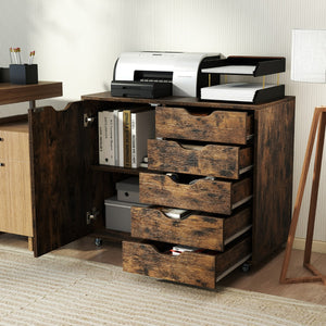 Mobiletto con 5 cassetti e anta per ufficio a casa, Carrello con ripiano regolabile e 5 rotelle Marrone-Armadi da ufficio