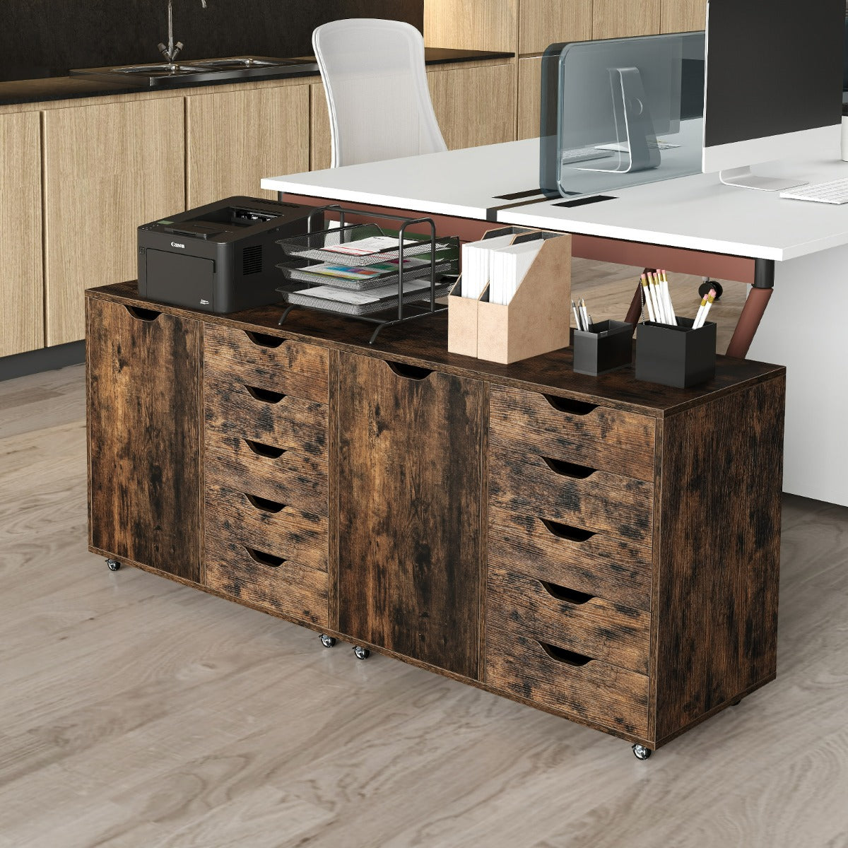 Mobiletto con 5 cassetti e anta per ufficio a casa, Carrello con ripiano regolabile e 5 rotelle Marrone-Armadi da ufficio