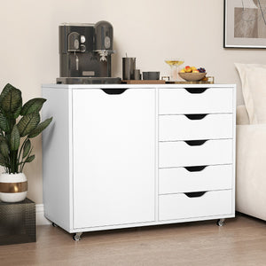 Mobiletto con 5 cassetti e anta per ufficio a casa, Carrello con ripiano regolabile e 5 rotelle Bianco-Armadi da ufficio