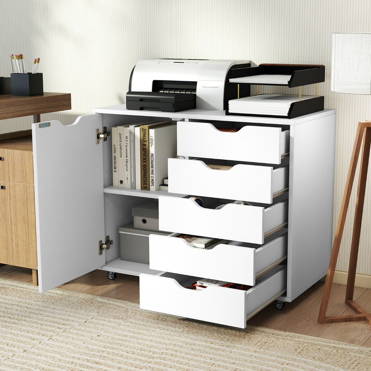 Mobiletto con 5 cassetti e anta per ufficio a casa, Carrello con ripiano regolabile e 5 rotelle Bianco-Armadi da ufficio