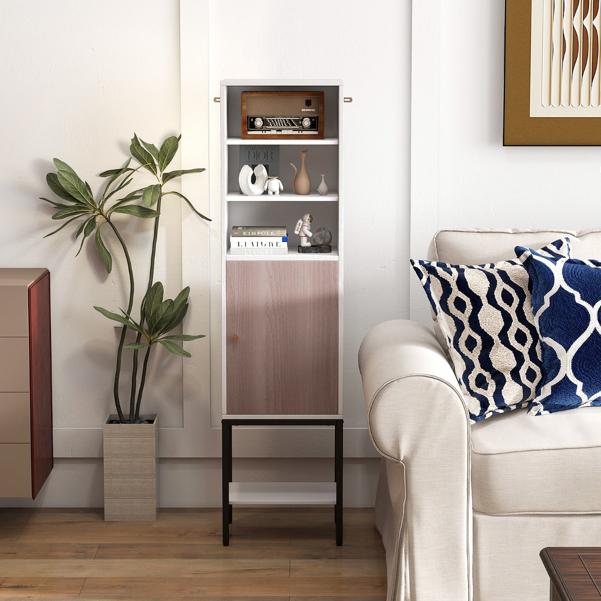 Mobiletto dispensa sottile con gambe in metallo per soggiorno, Armadio a porta singola Bianco-Cassettiere